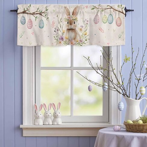 ALAGEO Easter Valances for Window Bunny Spring Flowers Kitchen Curtain Valances Rod Pocket Easter Eggs Window Treatment Short Topper Curtains for Home Spring Party Decoration, 54x18in in Saudi Arabia