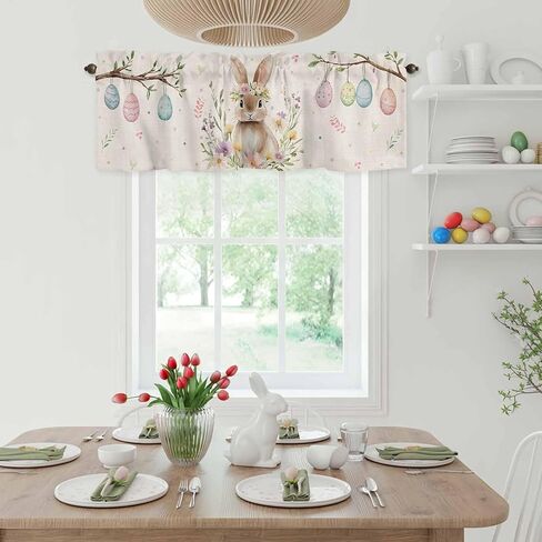 ALAGEO Easter Valances for Window Bunny Spring Flowers Kitchen Curtain Valances Rod Pocket Easter Eggs Window Treatment Short Topper Curtains for Home Spring Party Decoration, 54x18in in Saudi Arabia