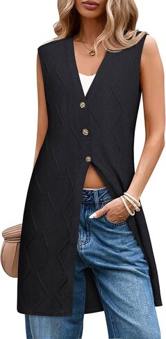 سترة صوفية طويلة كاجوال للنساء من ZXZY بدون أكمام ورقبة على شكل حرف V وأزرار لأعلى وسترات تونيك متماسكة in Kuwait