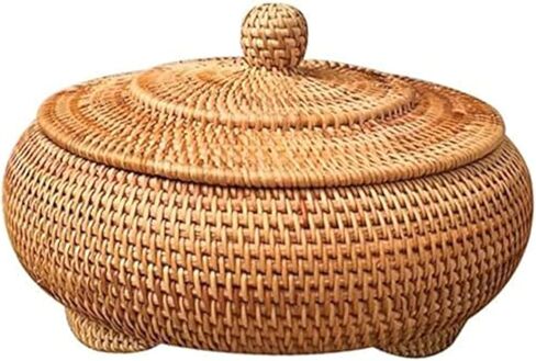 Wicker Storage Basket With Lid,Round Rattan Box with Lid, 8.7x4 Inch Rattan Basket, Hand-Woven Round Woven Basket, Desktop Decorative Box for Home Farmhouse Kitchen in Saudi Arabia