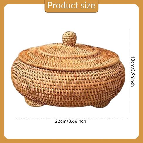 Wicker Storage Basket With Lid,Round Rattan Box with Lid, 8.7x4 Inch Rattan Basket, Hand-Woven Round Woven Basket, Desktop Decorative Box for Home Farmhouse Kitchen in Saudi Arabia