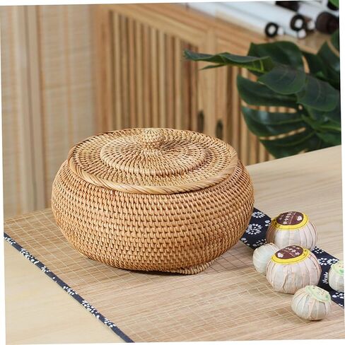 Wicker Storage Basket With Lid,Round Rattan Box with Lid, 8.7x4 Inch Rattan Basket, Hand-Woven Round Woven Basket, Desktop Decorative Box for Home Farmhouse Kitchen in Saudi Arabia