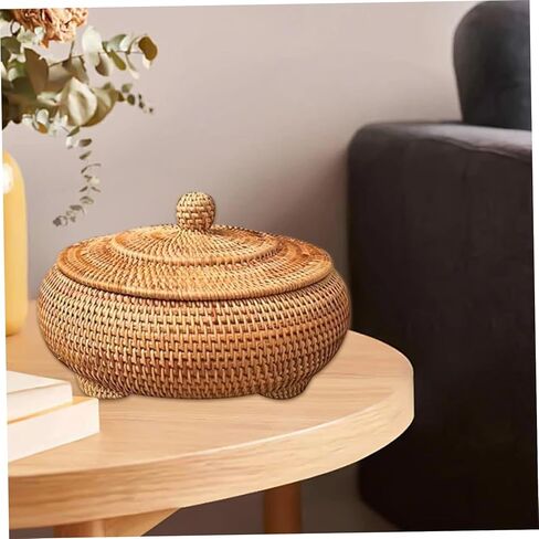 Wicker Storage Basket With Lid,Round Rattan Box with Lid, 8.7x4 Inch Rattan Basket, Hand-Woven Round Woven Basket, Desktop Decorative Box for Home Farmhouse Kitchen in Saudi Arabia