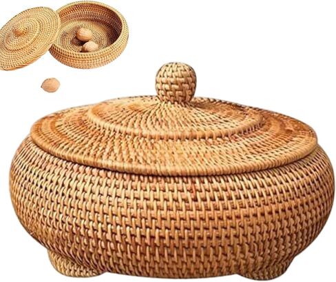 Wicker Storage Basket With Lid,Round Rattan Box with Lid, 8.7x4 Inch Rattan Basket, Hand-Woven Round Woven Basket, Desktop Decorative Box for Home Farmhouse Kitchen in Saudi Arabia