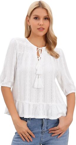 Allegra K Boho Top for Women's Eyelet Tops Embroidery Half Sleeves 2025 Fall Peplum Blouse in Saudi Arabia