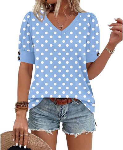 Womens Boho Tops Short Sleeve Button Crewneck Boho Print Pleated T Shirts 2026 Summer Loose Fit Blouses in Saudi Arabia