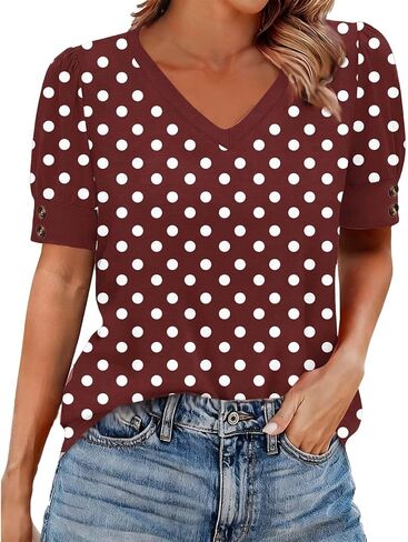 Womens Boho Tops Short Sleeve Button Crewneck Boho Print Pleated T Shirts 2026 Summer Loose Fit Blouses in Kuwait