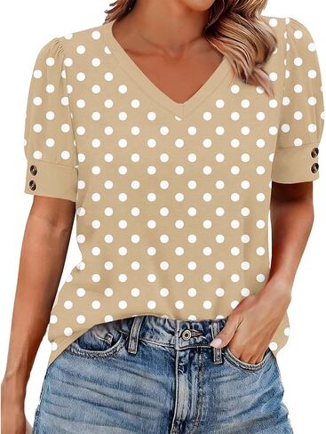 Womens Boho Tops Short Sleeve Button Crewneck Boho Print Pleated T Shirts 2026 Summer Loose Fit Blouses in Saudi Arabia