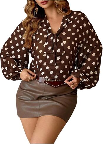 Women's Plus Size Polka Dots Blouse Work Office Bow Tie Front Neck Long Sleeve Dressy Bussiness Casual Tops Shirts in Saudi Arabia