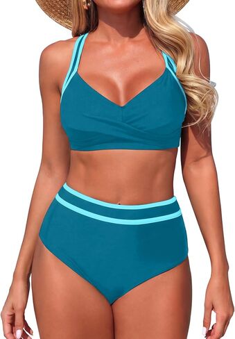 بدلة سباحة نسائية بكيني عالي الخصر مكونة من قطعتين للتحكم في البطن، بدلة استحمام أمامية ملتوية ومتعددة الألوان in Kuwait