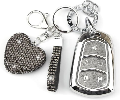 Key Fob Cover with Diamond Keychain Compatible with Cadillac Car Key Holder Case Compatible with Cadillac Escalade ATS CTS STS SRX XT5 CT6 Smart Remote Key Protector, 5 Buttons (Black-Heart) in Saudi Arabia