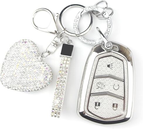 Key Fob Cover with Diamond Keychain Compatible with Cadillac Car Key Holder Case Compatible with Cadillac Escalade ATS CTS STS SRX XT5 CT6 Smart Remote Key Protector, 5 Buttons (Black-Heart) in Kuwait