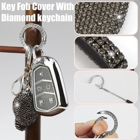 Key Fob Cover with Diamond Keychain Compatible with Cadillac Car Key Holder Case Compatible with Cadillac Escalade ATS CTS STS SRX XT5 CT6 Smart Remote Key Protector, 5 Buttons (Black-Heart) in Saudi Arabia