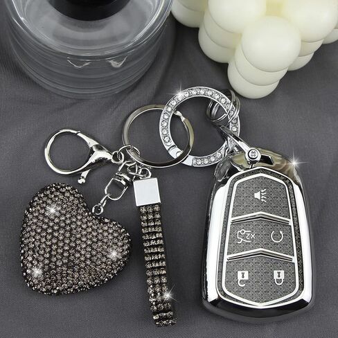 Key Fob Cover with Diamond Keychain Compatible with Cadillac Car Key Holder Case Compatible with Cadillac Escalade ATS CTS STS SRX XT5 CT6 Smart Remote Key Protector, 5 Buttons (Black-Heart) in Saudi Arabia