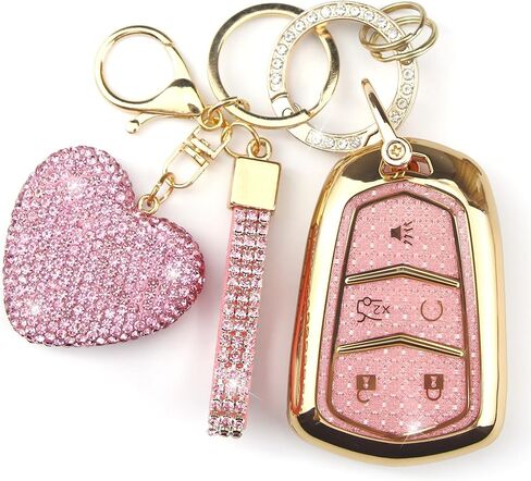 Key Fob Cover with Diamond Keychain Compatible with Cadillac Car Key Holder Case Compatible with Cadillac Escalade ATS CTS STS SRX XT5 CT6 Smart Remote Key Protector, 5 Buttons (Black-Heart) in Saudi Arabia