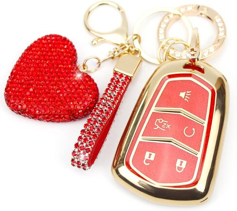 Key Fob Cover with Diamond Keychain Compatible with Cadillac Car Key Holder Case Compatible with Cadillac Escalade ATS CTS STS SRX XT5 CT6 Smart Remote Key Protector, 5 Buttons (Black-Heart) in Saudi Arabia