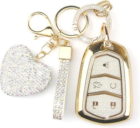 Key Fob Cover with Diamond Keychain Compatible with Cadillac Car Key Holder Case Compatible with Cadillac Escalade ATS CTS STS SRX XT5 CT6 Smart Remote Key Protector, 5 Buttons (Black-Heart) in Saudi Arabia