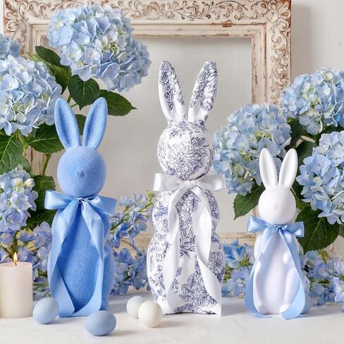 3 Pcs Easter Bunny Decorations Chinoiserie Blue and White Floral Rabbit Figurines 15.5/13/10 Inch Easter Bunny Centerpieces for Table Mantel Decor Spring Farmhouse Home Office Holiday Party in Saudi Arabia