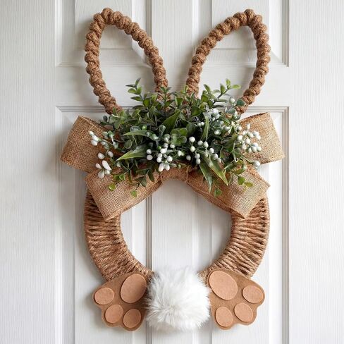 Norme 18 Inch Easter Bunny Wreath Spring Artificial Flower Rabbit Rattan Wreath with Rabbit Tail Feet Green Twig and Berries Linen Bow Knot for Farmhouse Front Door Farmhouse Wall Home Window Decor in Saudi Arabia