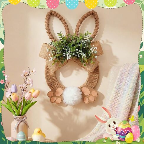 Norme 18 Inch Easter Bunny Wreath Spring Artificial Flower Rabbit Rattan Wreath with Rabbit Tail Feet Green Twig and Berries Linen Bow Knot for Farmhouse Front Door Farmhouse Wall Home Window Decor in Saudi Arabia