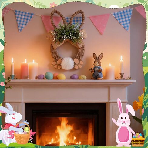 Norme 18 Inch Easter Bunny Wreath Spring Artificial Flower Rabbit Rattan Wreath with Rabbit Tail Feet Green Twig and Berries Linen Bow Knot for Farmhouse Front Door Farmhouse Wall Home Window Decor in Saudi Arabia