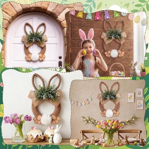 Norme 18 Inch Easter Bunny Wreath Spring Artificial Flower Rabbit Rattan Wreath with Rabbit Tail Feet Green Twig and Berries Linen Bow Knot for Farmhouse Front Door Farmhouse Wall Home Window Decor in Saudi Arabia