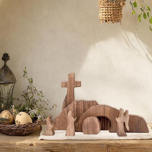 Religious Easter Decoration for Home, Wooden Christian Easter Decor for Table Mantel Home Decor Easter Resurrection Scene Set Cross Empty Tomb Easter Decoration Gift (Easter) in Saudi Arabia