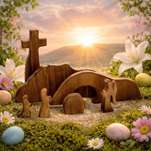 Religious Easter Decoration for Home, Wooden Christian Easter Decor for Table Mantel Home Decor Easter Resurrection Scene Set Cross Empty Tomb Easter Decoration Gift (Easter) in Saudi Arabia