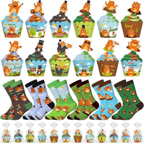 24 Pairs Groundhog Cupcake Socks Groundhog Day Gifts for Women Men Funny Novelty Crew Socks Spring Party Favors Supplies in Saudi Arabia