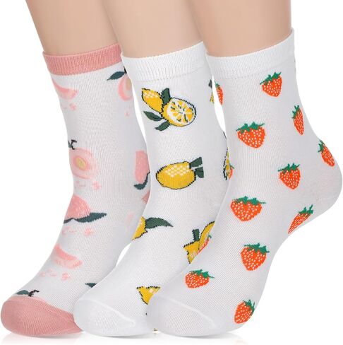 3 Pairs Cute Women Crew Socks, Aesthetic Fruit Patterned Funny Fun Calf Novelty Socks Athletic Soft Calf Sock for Women Teen Girls in Saudi Arabia