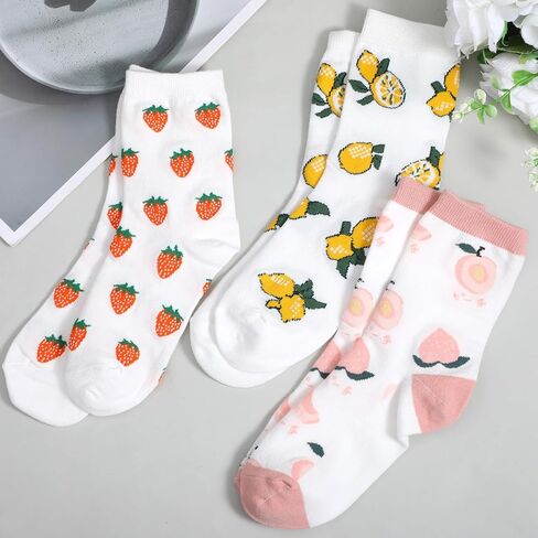 3 Pairs Cute Women Crew Socks, Aesthetic Fruit Patterned Funny Fun Calf Novelty Socks Athletic Soft Calf Sock for Women Teen Girls in Saudi Arabia