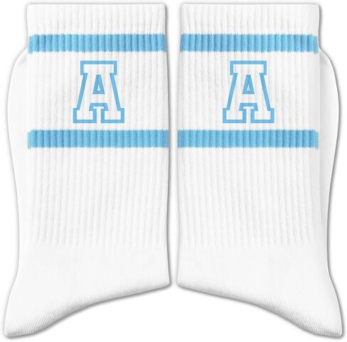 Light Blue and White Striped Crew Socks with the Letter， Classic Varsity Sports Style Monogram Socks in Saudi Arabia