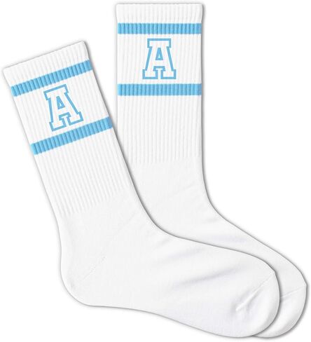 Light Blue and White Striped Crew Socks with the Letter， Classic Varsity Sports Style Monogram Socks in Saudi Arabia