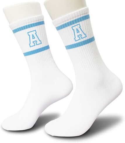 Light Blue and White Striped Crew Socks with the Letter， Classic Varsity Sports Style Monogram Socks in Saudi Arabia