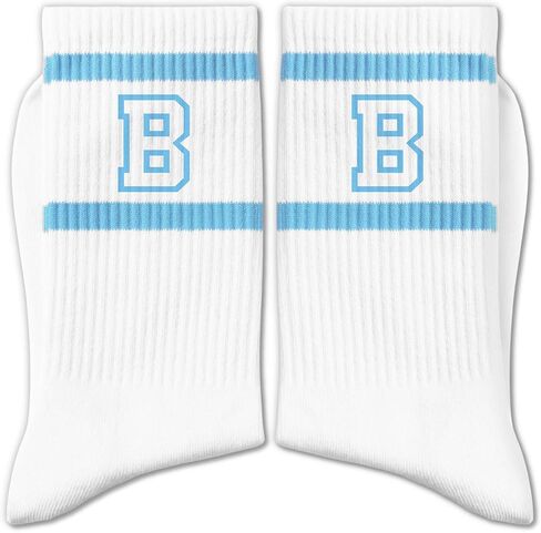 Light Blue and White Striped Crew Socks with the Letter， Classic Varsity Sports Style Monogram Socks in Saudi Arabia