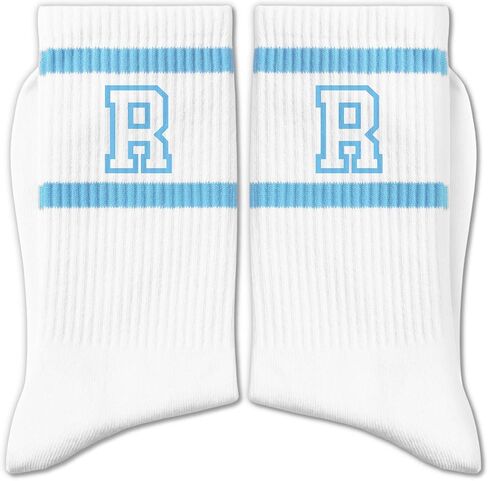 Light Blue and White Striped Crew Socks with the Letter， Classic Varsity Sports Style Monogram Socks in Saudi Arabia