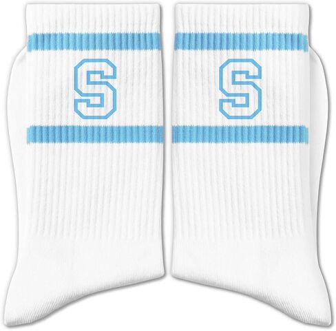 Light Blue and White Striped Crew Socks with the Letter， Classic Varsity Sports Style Monogram Socks in Saudi Arabia