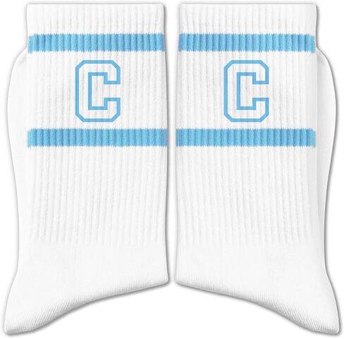Light Blue and White Striped Crew Socks with the Letter， Classic Varsity Sports Style Monogram Socks in Saudi Arabia