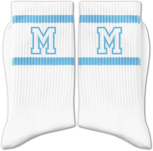 Light Blue and White Striped Crew Socks with the Letter， Classic Varsity Sports Style Monogram Socks in Saudi Arabia