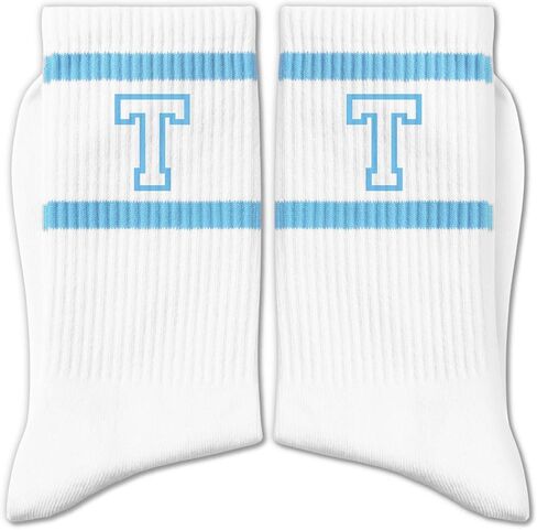 Light Blue and White Striped Crew Socks with the Letter， Classic Varsity Sports Style Monogram Socks in Saudi Arabia