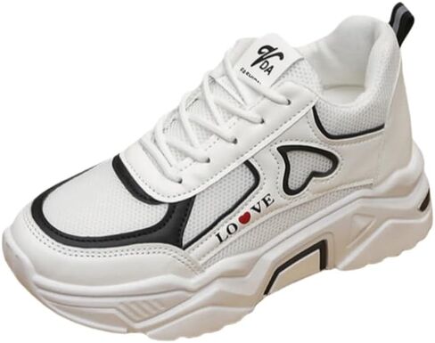 Women's Fashionable Sneaker - Thick-Soled lace-up Low-top Casual Shoes - Rubber Sole - Heart Pattern - Suitable for All Seasons' wear in Kuwait