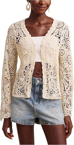MakeMeChic Women's Crochet Cardigan Sweater Hollow Out Boho Tops Button Down Long Sleeve Cardigan in Saudi Arabia
