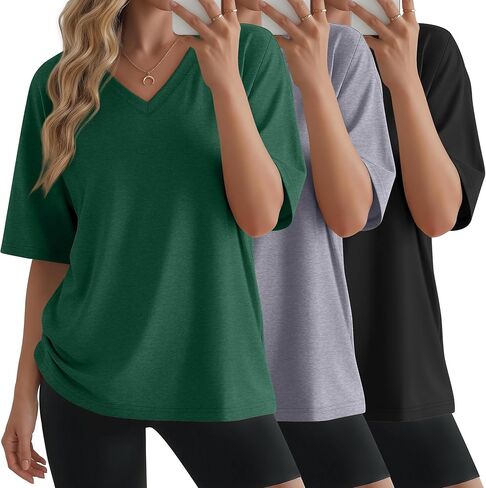 3 Pack Womens Oversized Half Sleeve T Shirts V Neck Tops Loose Fit Basic Tees Summer Casual Clothes in Kuwait