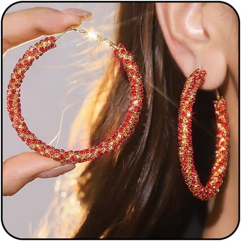 Black Earrings for Women Silver Rhinestone Hoop Earrings for Women Sparkly Big Hoop Earring Red Jewelry in Saudi Arabia