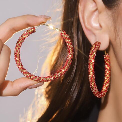 Black Earrings for Women Silver Rhinestone Hoop Earrings for Women Sparkly Big Hoop Earring Red Jewelry in Saudi Arabia