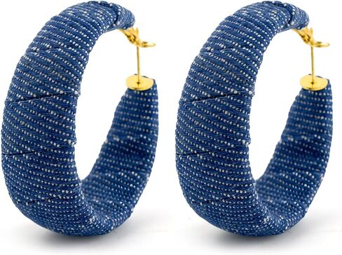 PLwelth Denim Hoop Earrings for Women Exaggerated Large Circle Round Statement Earrings Blue Jean Drop Dangle Earring Bohemian Denim Accessories Trendy Jewelry Gifts for Wedding Bridal Decor in Saudi Arabia