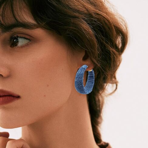 PLwelth Denim Hoop Earrings for Women Exaggerated Large Circle Round Statement Earrings Blue Jean Drop Dangle Earring Bohemian Denim Accessories Trendy Jewelry Gifts for Wedding Bridal Decor in Saudi Arabia