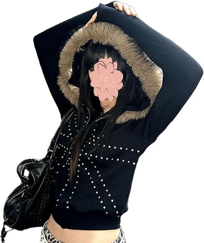 Gothic Women's Black Fur-Trimmed Studded Zip-Up Hooded Jacket Y2K Punk Street Fall Winter Warm Long Sleeve Coat in Kuwait