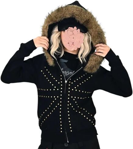 Gothic Women's Black Fur-Trimmed Studded Zip-Up Hooded Jacket Y2K Punk Street Fall Winter Warm Long Sleeve Coat in Saudi Arabia