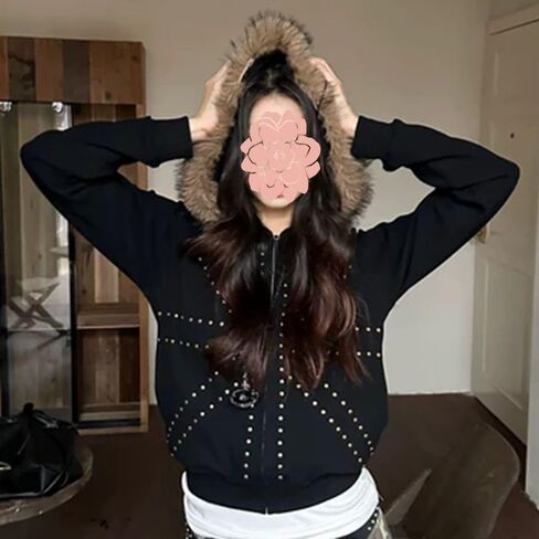 Gothic Women's Black Fur-Trimmed Studded Zip-Up Hooded Jacket Y2K Punk Street Fall Winter Warm Long Sleeve Coat in Saudi Arabia